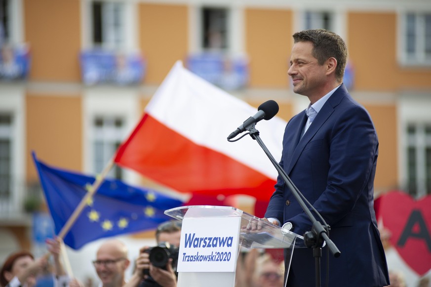 Presidential candidate Rafal Trzaskowski addresses the crowd during the last presidential campaign rally on June 26, 2020 in Warsaw, Poland. Several hundreds of people took part in the last presidenti ...