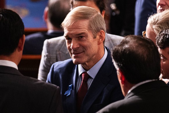 231018 -- WASHINGTON, Oct. 18, 2023 -- U.S. Right-wing Republican Jim Jordan C, chairman of the House Judiciary Committee, is seen in the House chamber in Washington, D.C., the United States, on Oct.  ...