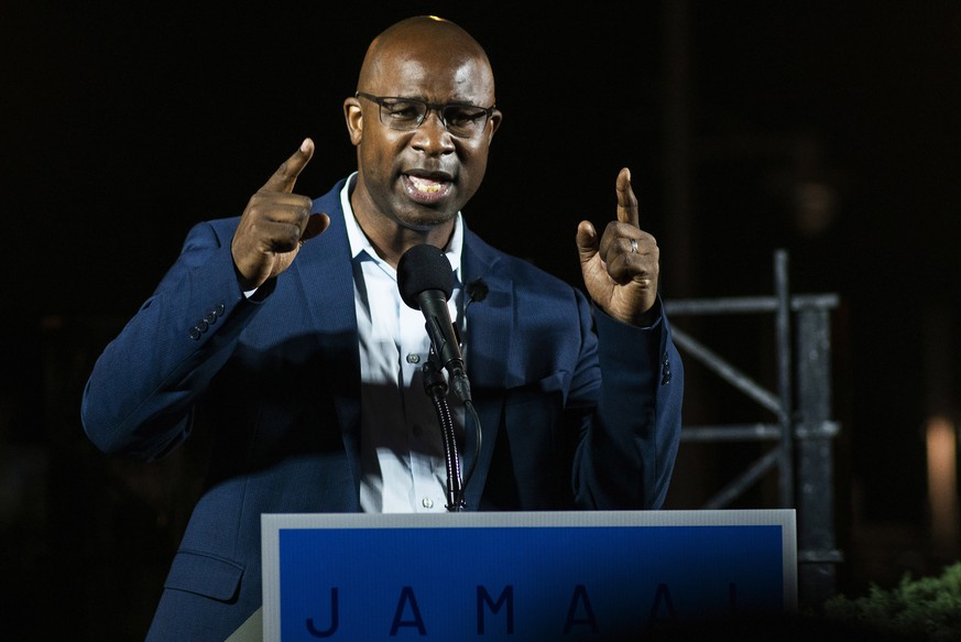 FILE - Jamaal Bowman speaks to attendees during his primary-night party on June 23, 2020, in New York. Environmental and climate justice advocates from across the United States are decrying the court& ...