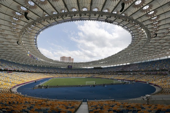 FILE - A general view at the Olympic national stadium in Kyiv, Ukraine, June 10, 2012. With two teams playing in an empty stadium hundreds of miles away from their hometowns, the Ukrainian soccer leag ...