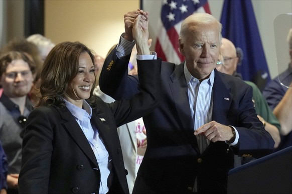 FILE - Democratic presidential nominee Vice President Kamala Harris, left, and President Joe Biden attend a campaign event at the IBEW Local Union #5 union hall in Pittsburgh, on Labor Day, Sept. 2, 2 ...