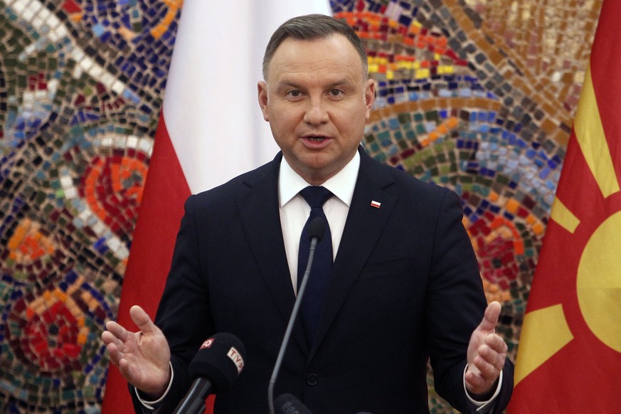 FILE - Poland&#039;s President Andrzej Duda talks for the media during a news conference with North Macedonia&#039;s President Stevo Pendarovski at the presidential office in Skopje, North Macedonia,  ...