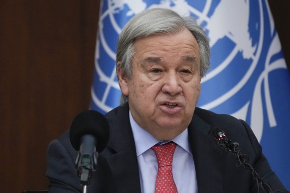 FILE - United Nations Secretary-General Antonio Guterres speaks to reporters during a news conference, in Baghdad, Iraq, March 1, 2023. The United Nations chief urged the first world conference on wat ...