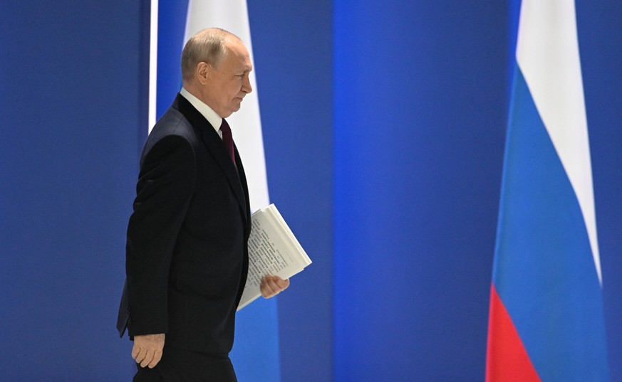 Russia Putin Federal Assembly Address 8374751 21.02.2023 Russian President Vladimir Putin arrives to deliver his annual address to the Federal Assembly, including lawmakers of the State Duma, members  ...