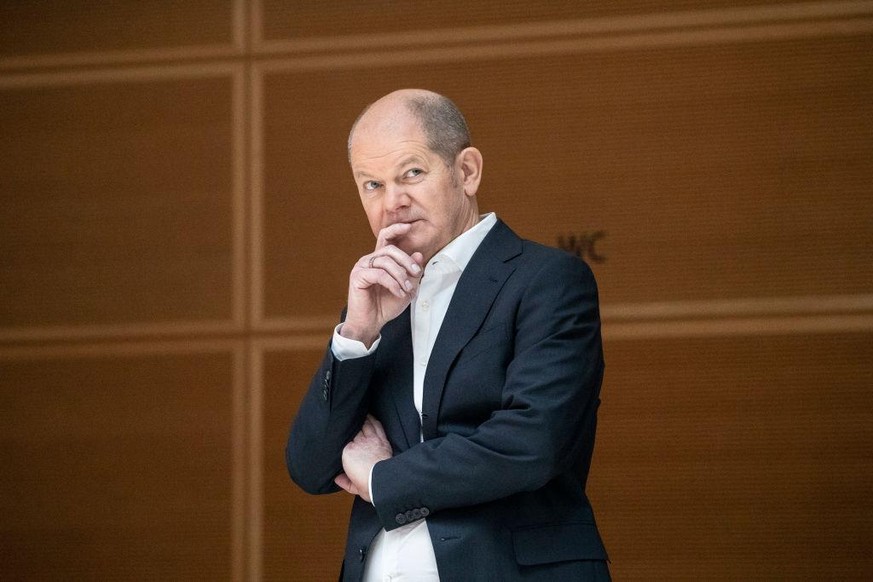 BERLIN, GERMANY - FEBRUARY 07: German Social Democratic party SPD candidate for chancellor Olaf Scholz looks on during a two-day party meeting on February 07, 2021 in Berlin, Germany. (Photo by Maja H ...