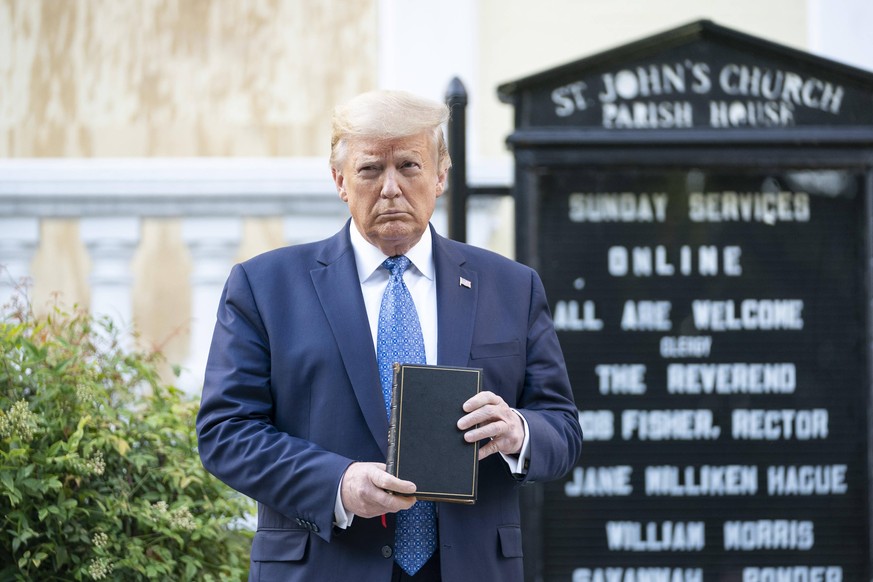 June 1, 2020, Washington, DC, United States of America: U.S. President Donald Trump poses with a bible in front of the St Johns Episcopal Church damaged in riots following the killing of an unarmed bl ...