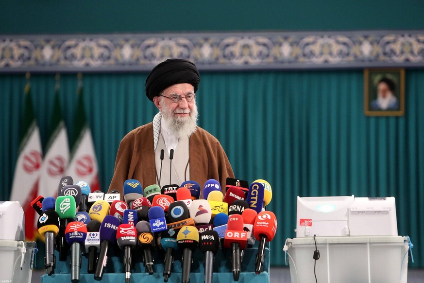 May 10, 2024, Tehran, Iran: Iranian Supreme Leader Ayatollah ALI KHAMENEI gives a press conference after casting his ballot for the parliamentary runoff elections in Tehran. Iranians voted Friday in a ...
