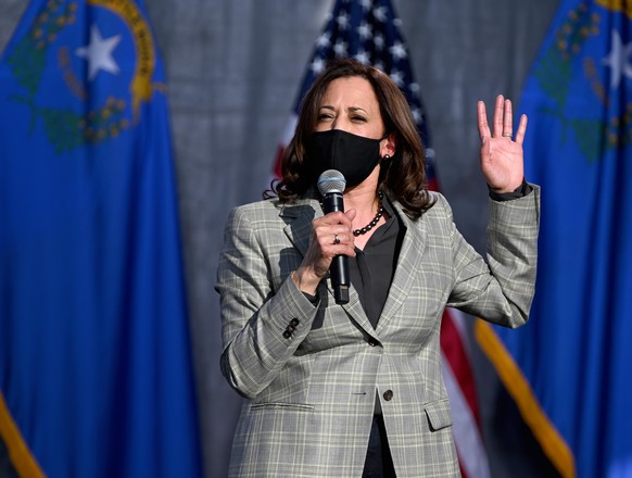 LAS VEGAS, NEVADA - OCTOBER 02: Democratic U.S. Vice Presidential nominee Sen. Kamala Harris (D-CA) speaks during a voter mobilization drive-in event at UNLV on October 2, 2020 in Las Vegas, Nevada. H ...