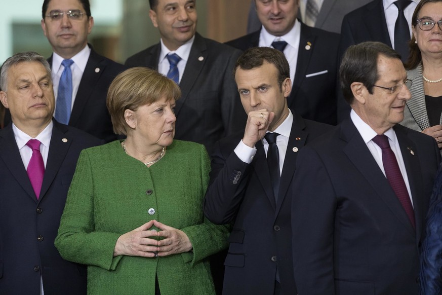 BRUSSELS, Feb. 23, 2018 Hungarian Prime Minister Viktor Orban, German Chancellor Angela Merkel, French President Emmanuel Macron and Cypriot President Nicos Anastasiades (from L to R, front) pose for  ...