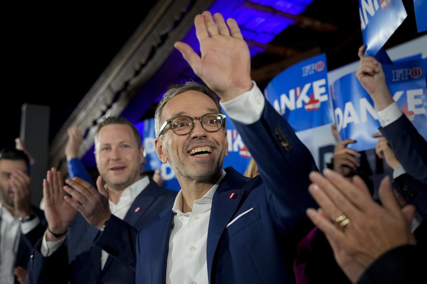 FILE - Herbert Kickl, leader of the Freedom Party of Austria waves to supporters, in Vienna, Austria, Sunday, Sept. 29, 2024, after polls closed in the country&#039;s national election. (AP Photo/Andr ...