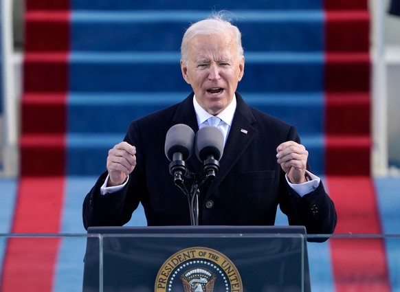 20.01.2021, USA, Washington: Pr�sident Joe Biden spricht w�hrend der 59. Amtseinf�hrung des Pr�sidenten im US-Kapitol in Washington nachdem er vereidigt wurde. Foto: Patrick Semansky/AP Pool/dpa +++ d ...