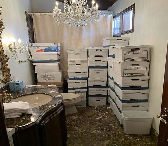 June 9, 2023, Mar-a-Lago, Florida, USA: Photos released as part of the indictment against Former President Donald Trump show boxes of documents stacked in rooms across his Mar-a-Lago estate. Boxes all ...