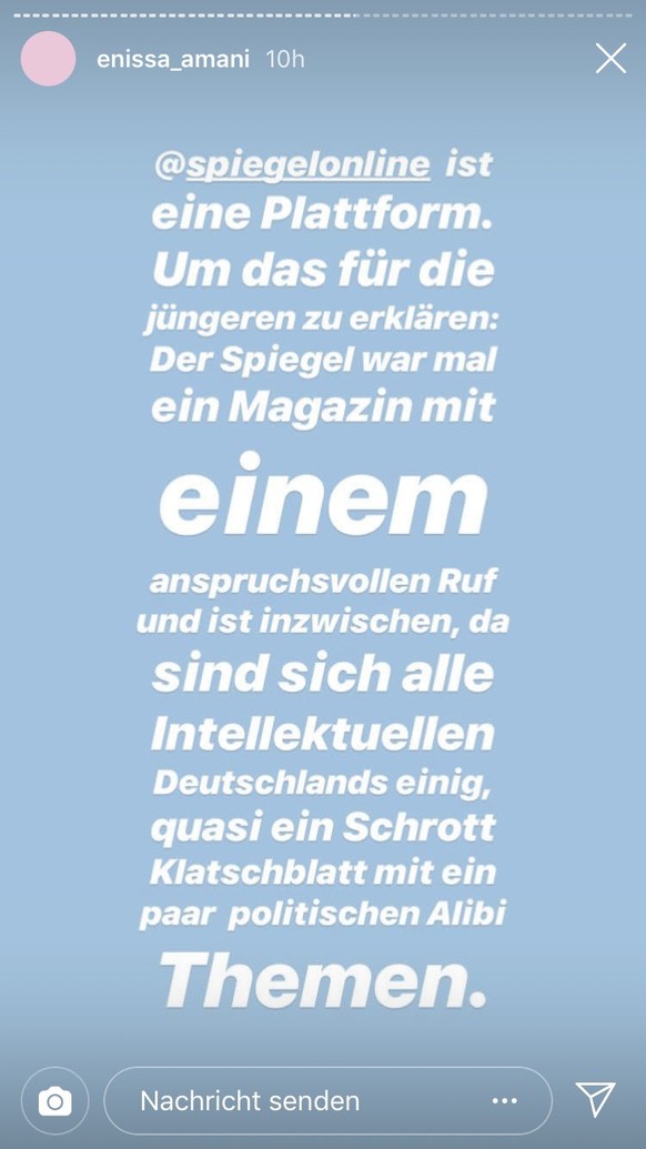 Enissa kritisierte "Spiegel Online" und im besonderen Anja Rützel auf Instagram vor wenigen Tagen mit diesem Post.