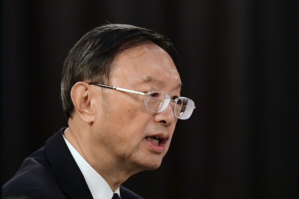 Chinese Communist Party foreign affairs chief Yang Jiechi, speaks at the opening session of US-China talks at the Captain Cook Hotel in Anchorage, Alaska, Thursday, March 18, 2021. (Frederic J. Brown/ ...