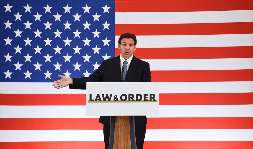 May 1, 2023, Titusville, Florida, USA: Florida Governor RON DESANTIS speaks at a press conference at the American Police Hall of Fame &amp; Museum in Titusville. DeSantis used the event to sign bills  ...