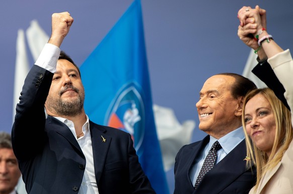 Italian Political Parties Forza Italia, Fratelli D Italia, Lega And Moderati, Campaigning For The 2022 General Election Matteo Salvini of Lega political party, Silvio Berlusconi of Forza Italia party, ...