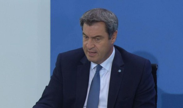 Der bayerische Ministerpräsident Markus Söder auf der gemeinsamen Pressekonferenz mit Angela Merkel.