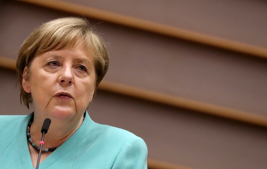 German Chancellor Angela Merkel addresses a plenary session at the European Parliament in Brussels, Belgium July 8, 2020. REUTERS/Yves Herman/Pool