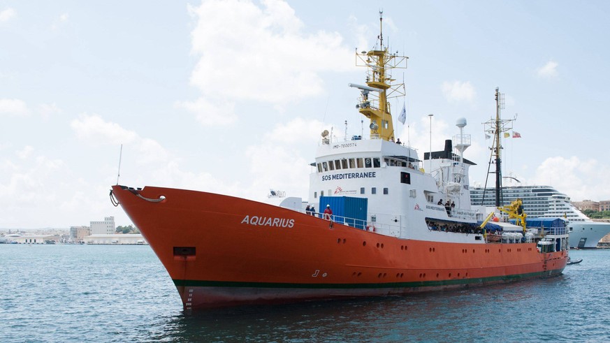 (180815) -- VALLETTA, Aug. 15, 2018 -- The Humanitarian vessel the MV Aquarius is about to dock at Boiler Wharf in Senglea, Malta, on Aug. 15, 2018. The Humanitarian vessel the MV Aquarius docked in M ...