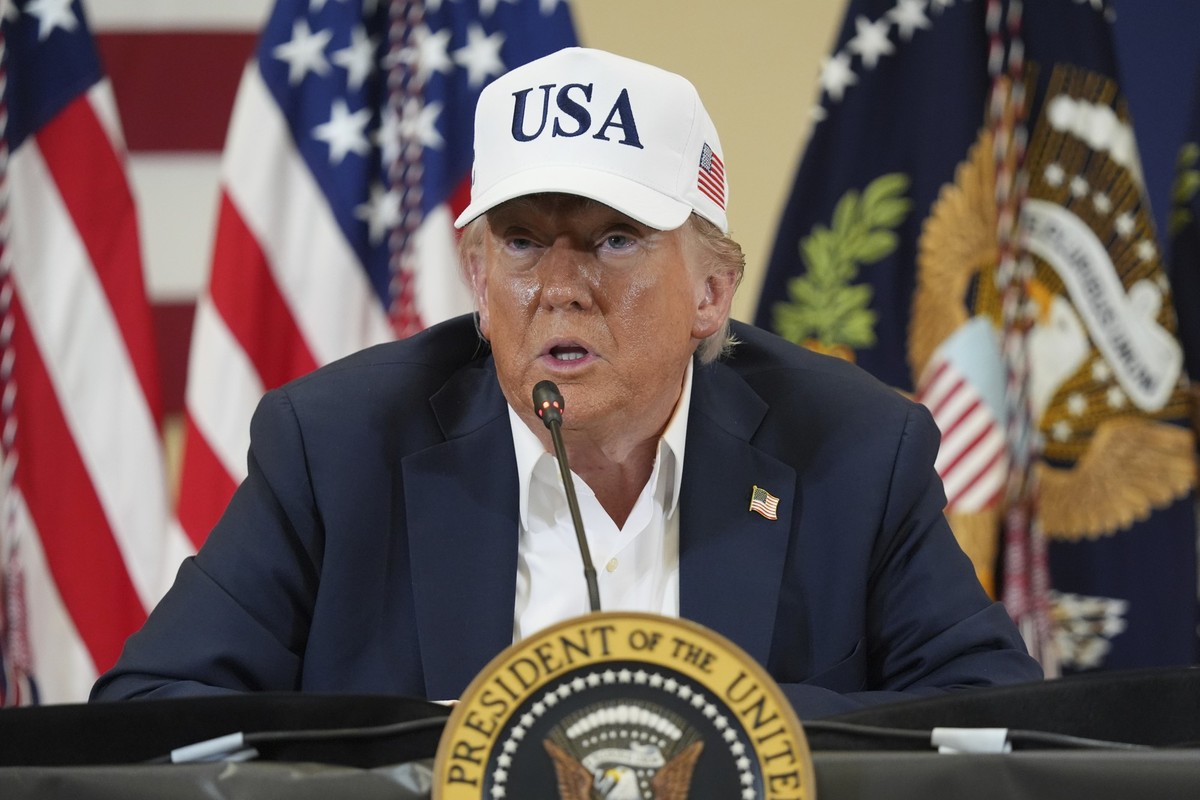President Donald Trump speaks during a roundtable discussion with first responders and local officials at Hill Country Youth Event Center in Kerrville, Texas, during a tour to observe flood damage, Fr ...