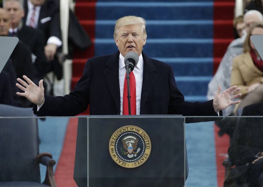 FILE - President Donald Trump delivers his inaugural address after being sworn in as the 45th president of the United States during the 58th Presidential Inauguration at the U.S. Capitol in Washington ...