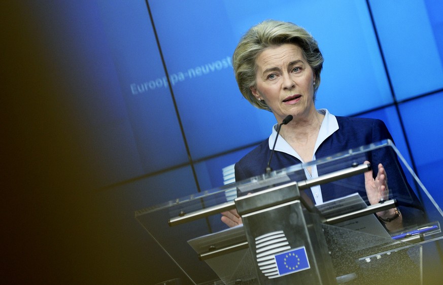 European Commission President Ursula von der Leyen speaks during a media conference at the end of an EU summit in Brussels, Friday, Feb. 26, 2021. NATO Secretary General Jens Stoltenberg joined a vide ...