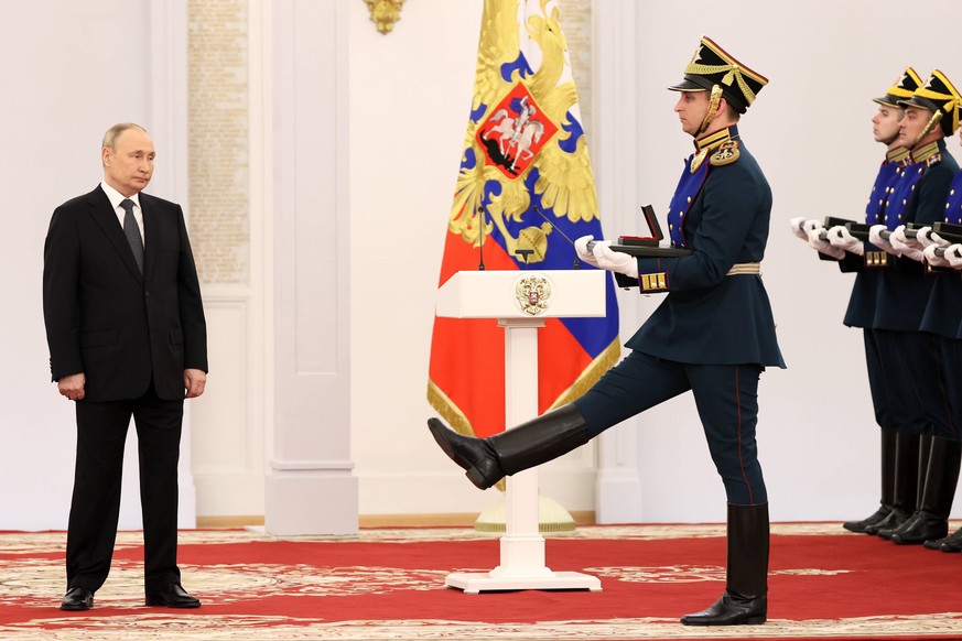 MOSCOW, RUSSIA - JUNE 12, 2022: Russia s President Vladimir Putin L is seen during a ceremony to present government awards for distinguished achievements in science, technology, arts and human rights  ...