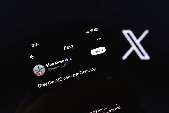 December 20, 2024, Asuncion, Paraguay: Elon Musk s X formerly Twitter account is displayed on a smartphone backdropped by X logo. Only the AfD can save Germany, Elon Musk wrote in a post on his social ...