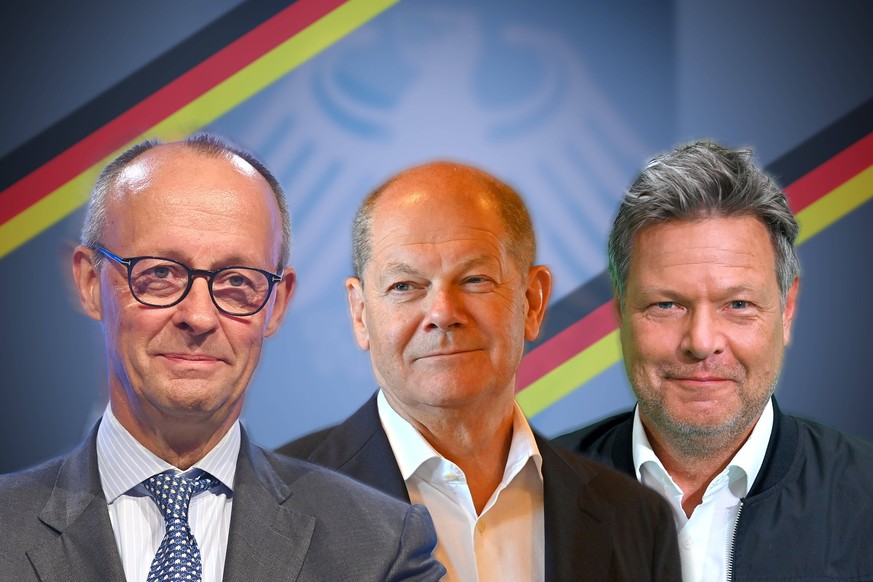 FOTOMONTAGE:Vorgezogene Bundestagswahl am 23.Februar 2025. K-Frage:Kandidaten: v.li:Friedrich MERZ CDU, Olaf Scholz SPD, Robert HABECK Buendnis90/DieGruenen. *** PHOTOMONTAGE Early federal election on ...