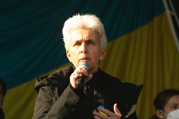 Member of the Bundestag of Germany Marie-Agnes Strack-Zimmermann speaks to the crowd during the anti war protest in Duesseldorf, Germany on March 5, 2022 (Photo by Ying Tang/NurPhoto)