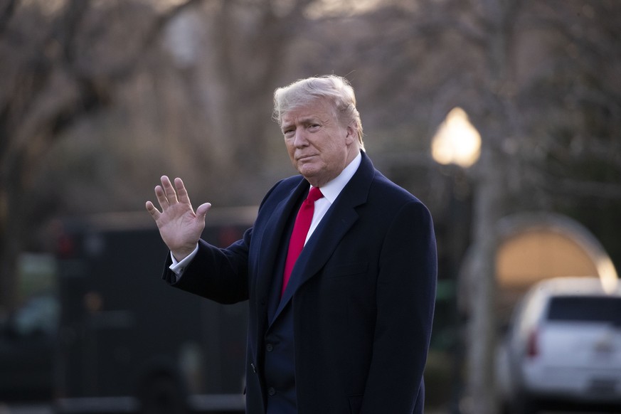 President Donald Trump waves before boarding Marine One on the South Lawn of the White House, Thursday, Jan. 9, 2020, in Washington. Trump is en route to Ohio for a campaign rally. (AP Photo/Alex Bran ...