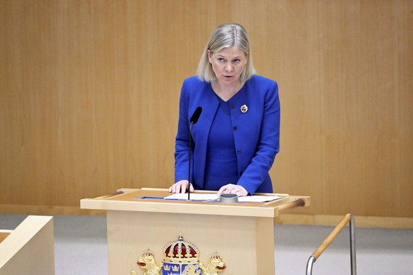 STOCKHOLM 20220516 Statsminister Magdalena Andersson (S) under riksdagsdebatten om ett svenskt NATO medelmskap. Foto: Henrik Montgomery / TT kod 10060