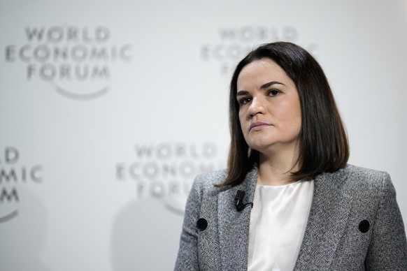 Belarus opposition leader Sviatlana Tsikhanouskaya attends a session at the World Economic Forum in Davos, Switzerland Tuesday, Jan. 17, 2023. The annual meeting of the World Economic Forum is taking  ...