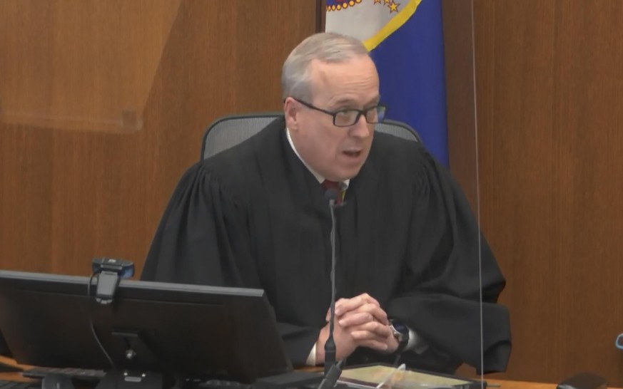 In this image from video, Hennepin County Judge Peter Cahill speaks to the jury after the state and the defense rest their case, Thursday, April 15, 2021, in the trial of former Minneapolis police Off ...