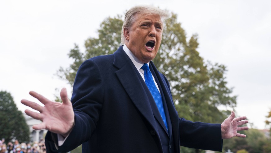 President Donald Trump speaks to the media on the South Lawn as he departs the White House for his last week of campaigning, on Tuesday, October 27, 2020 in Washington, DC. The national election is on ...