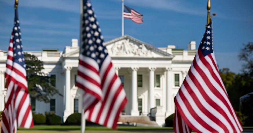 This compelling photograph captures the essence of American democracy with a captivating view of the White House in the background, framed by a row of American flags in the foreground. The flags, symb ...