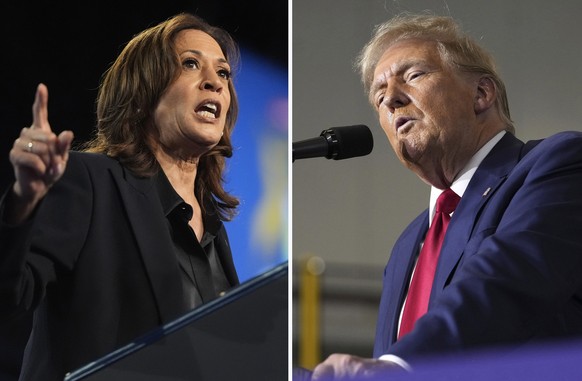 This combination photo shows Democratic presidential nominee Vice President Kamala Harris at a rally in Flint, Mich., Oct. 4, 2024, left, and Republican presidential nominee former President Donald Tr ...