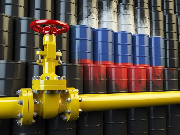 Oil pipe line valve in front of the russian flag on the oil barrels. Iranian gas and oil fuel energy concept. 3d illustration