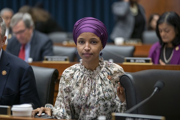 Rep. Ilhan Omar, D-Minn., sits with fellow Democrats on the House Education and Labor Committee during a bill markup, on Capitol Hill in Washington, Wednesday, March 6, 2019. (AP Photo/J. Scott Applew ...