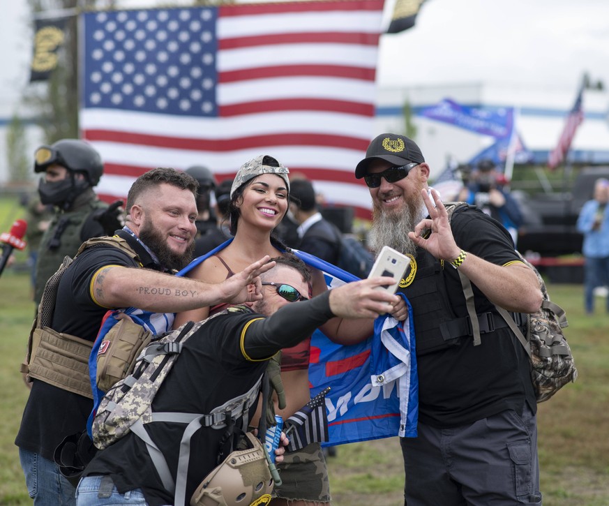 September 26, 2020, Portland, Oregon, USA: Proud Boys Rally, Portland Oregon, USA. Proud Boys came to Portland to show strength. The turnout was less than expected. Portland USA - ZUMAd162 20200926_zn ...