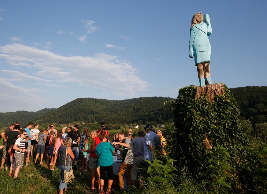 Life-size wooden sculpture of U.S. first lady Melania Trump is officially unveiled in Rozno, near her hometown of Sevnica, Slovenia, July 5, 2019. REUTERS/Borut Zivulovic