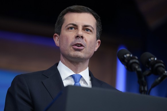 FILE - Transportation Secretary Pete Buttigieg speaks in the South Court Auditorium on the White House complex, May 8, 2023, in Washington. Buttigieg says Tesla shouldn’t be calling a partially automa ...