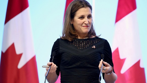 FILE PHOTO: Canadian Foreign Minister Chrystia Freeland gestures during a joint news conference on the closing of the seventh round of NAFTA talks in Mexico City, Mexico, March 5, 2018. REUTERS/Edgard ...