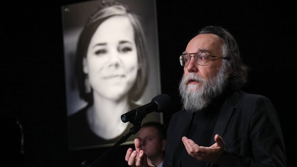 MOSCOW, RUSSIA - AUGUST 23, 2022: Russian political philosopher Alexander Dugin, leader of the International Eurasian Movement, speaks during a mourning ceremony for his daughter, Russian journalist D ...