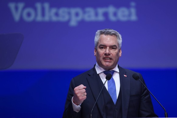 Romania EPP Congres Austria Chancellor Karl Nehammer addresses the European People s Party Congress, Thursday, March 07, 2022 in Bucharest, Romania. Alex Nicodim / Imago Images PUBLICATIONxNOTxINxROM  ...