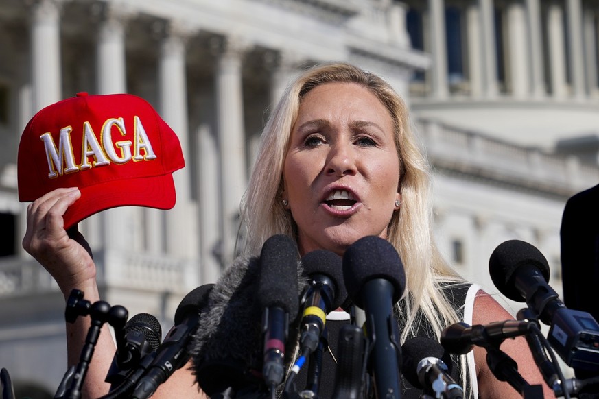 Rep. Marjorie Taylor Greene, R-Ga., says she&#039;ll call a vote next week on ousting House Speaker Mike Johnson, R-La., during a news conference at the Capitol in Washington, Wednesday, May 1, 2024.  ...