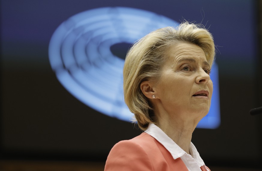 European Commission President Ursula von der Leyen speaks during a debate in the plenary at the European Parliament in Brussels, Monday, April 26, 2021. European Council President Charles Michel and E ...