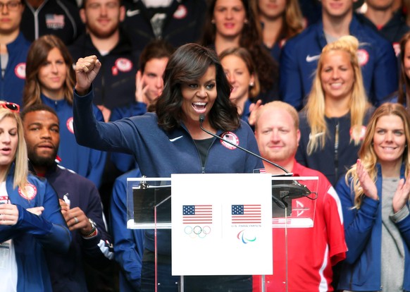 NEW YORK, April 27, 2016 -- U.S. First Lady Michelle Obama delivers a speech during the Team USA s Road to Rio Tour activity at Times Square in New York, the United States on April 27, 2016. Team USA ...