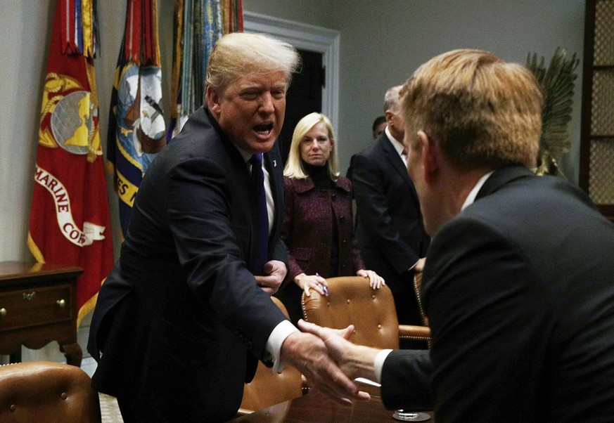 U.S. President Donald Trump L shakes hands with Sen. James Lankford R-SC R during a meeting in the Roosevelt Room of the White House January 4, 2018 in Washington, DC. President Trump met with Republi ...