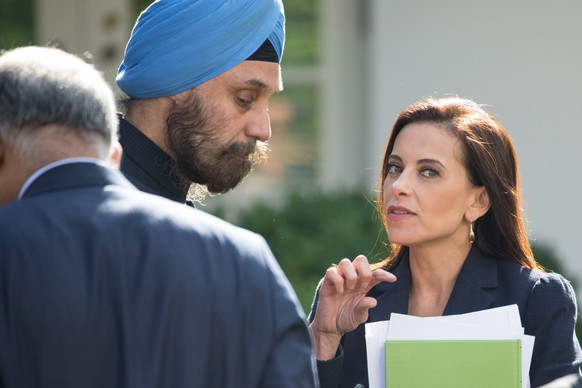 June 26, 2017 - Washington, DC, United States - Dina Powell, U.S. Deputy National Security Advisor for Strategy to President Donald Trump, speaks with members of India s delegation, before President D ...